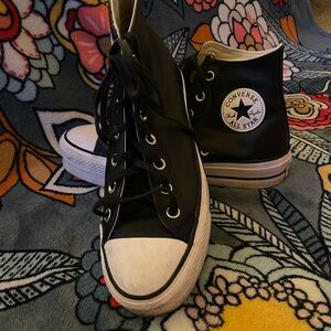 Black leather high top Converse